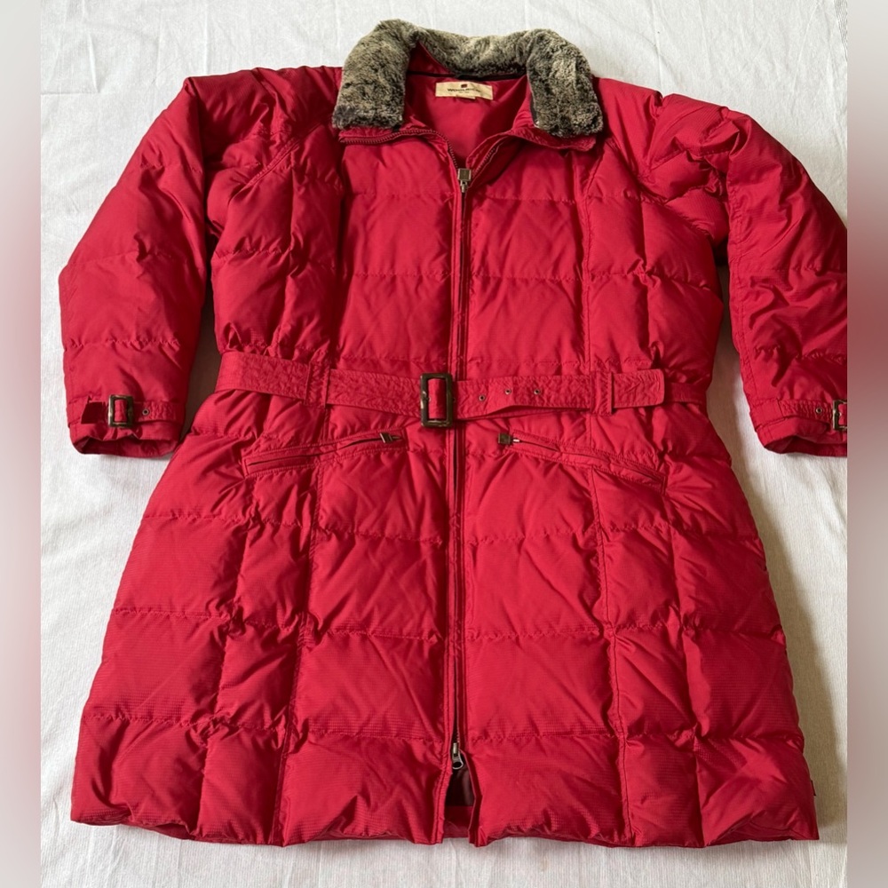 Woolrich Quilted Jacket Long Duck Down Insulated Fur Collar Belted 2XL ruby red - Picture 4 of 14